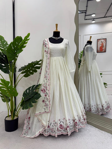 Exclusive Off White Color Chinon Silk Thread With Sequence Work Anarkali Gown