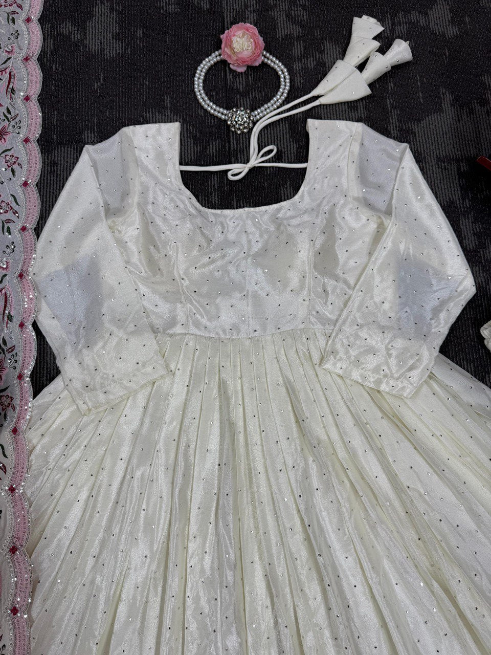 Exclusive Off White Color Chinon Silk Thread With Sequence Work Anarkali Gown