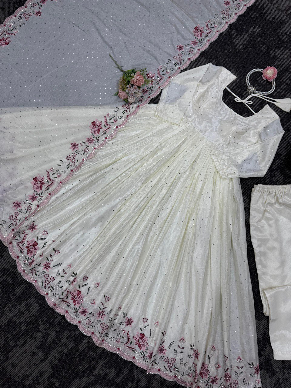 Exclusive Off White Color Chinon Silk Thread With Sequence Work Anarkali Gown