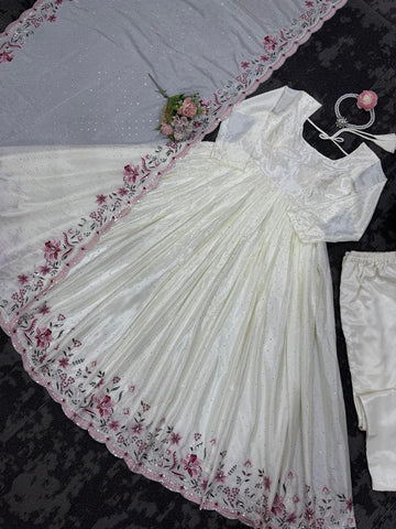 Exclusive Off White Color Chinon Silk Thread With Sequence Work Anarkali Gown