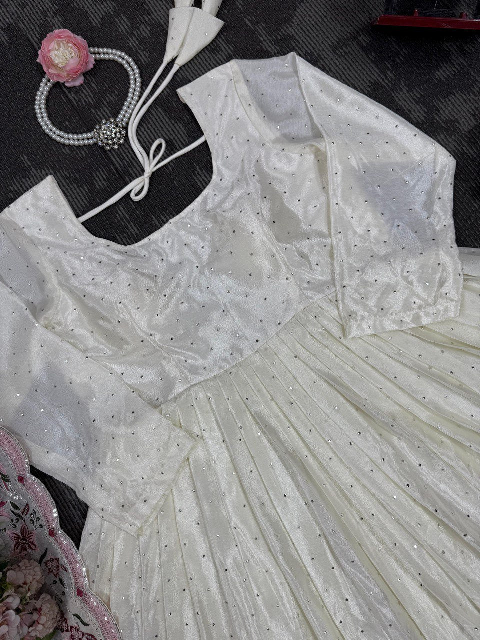 Exclusive Off White Color Chinon Silk Thread With Sequence Work Anarkali Gown