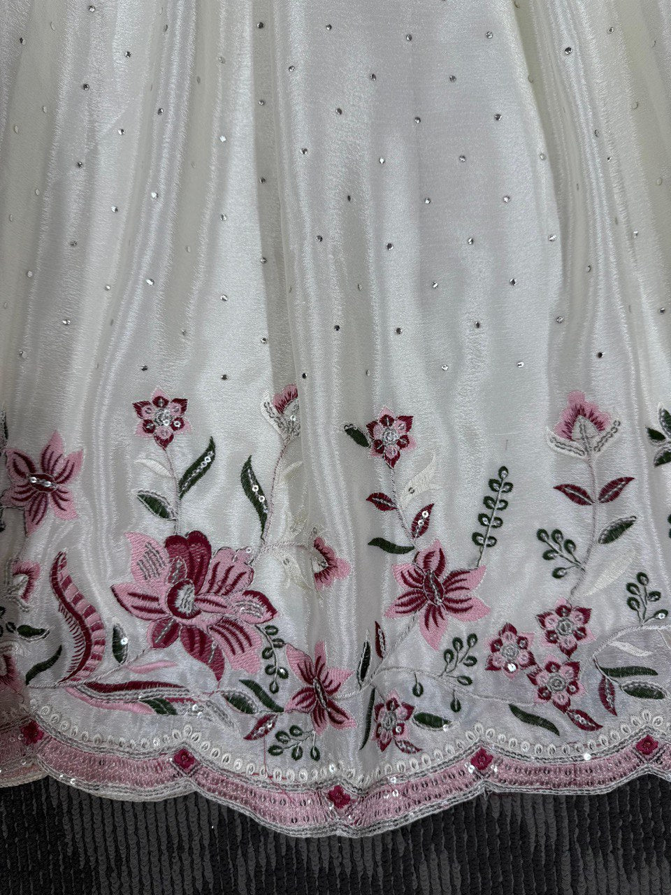 Exclusive Off White Color Chinon Silk Thread With Sequence Work Anarkali Gown