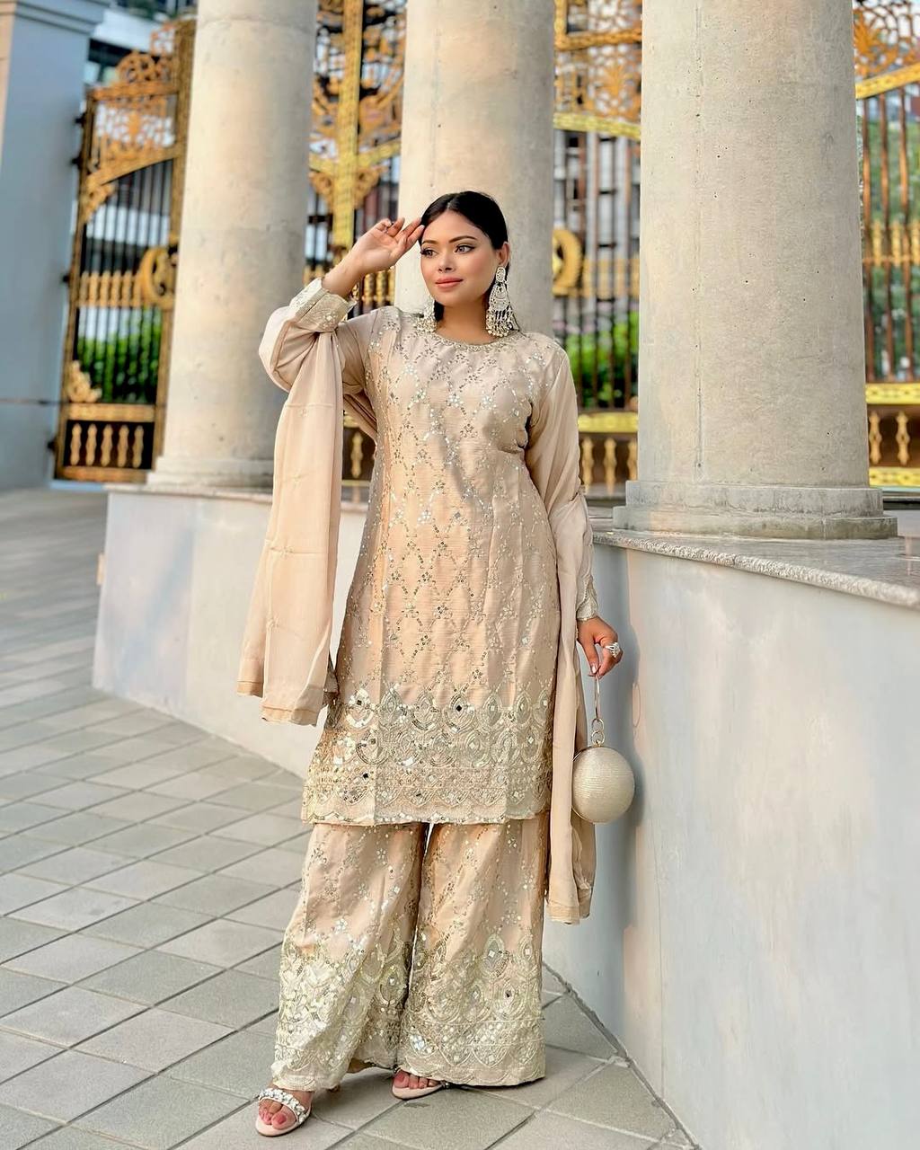Party Wear Cream Color Chinon Silk With Embroidery Sequence Work Sharara Suit