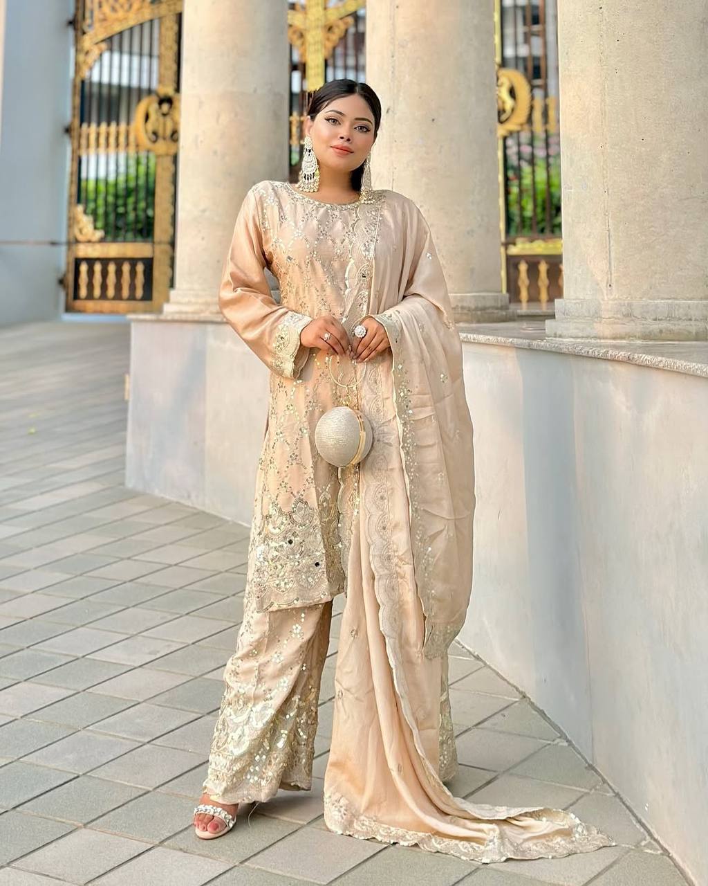Party Wear Cream Color Chinon Silk With Embroidery Sequence Work Sharara Suit