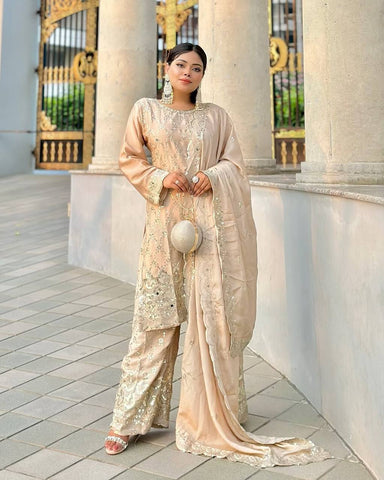 Party Wear Cream Color Chinon Silk With Embroidery Sequence Work Sharara Suit