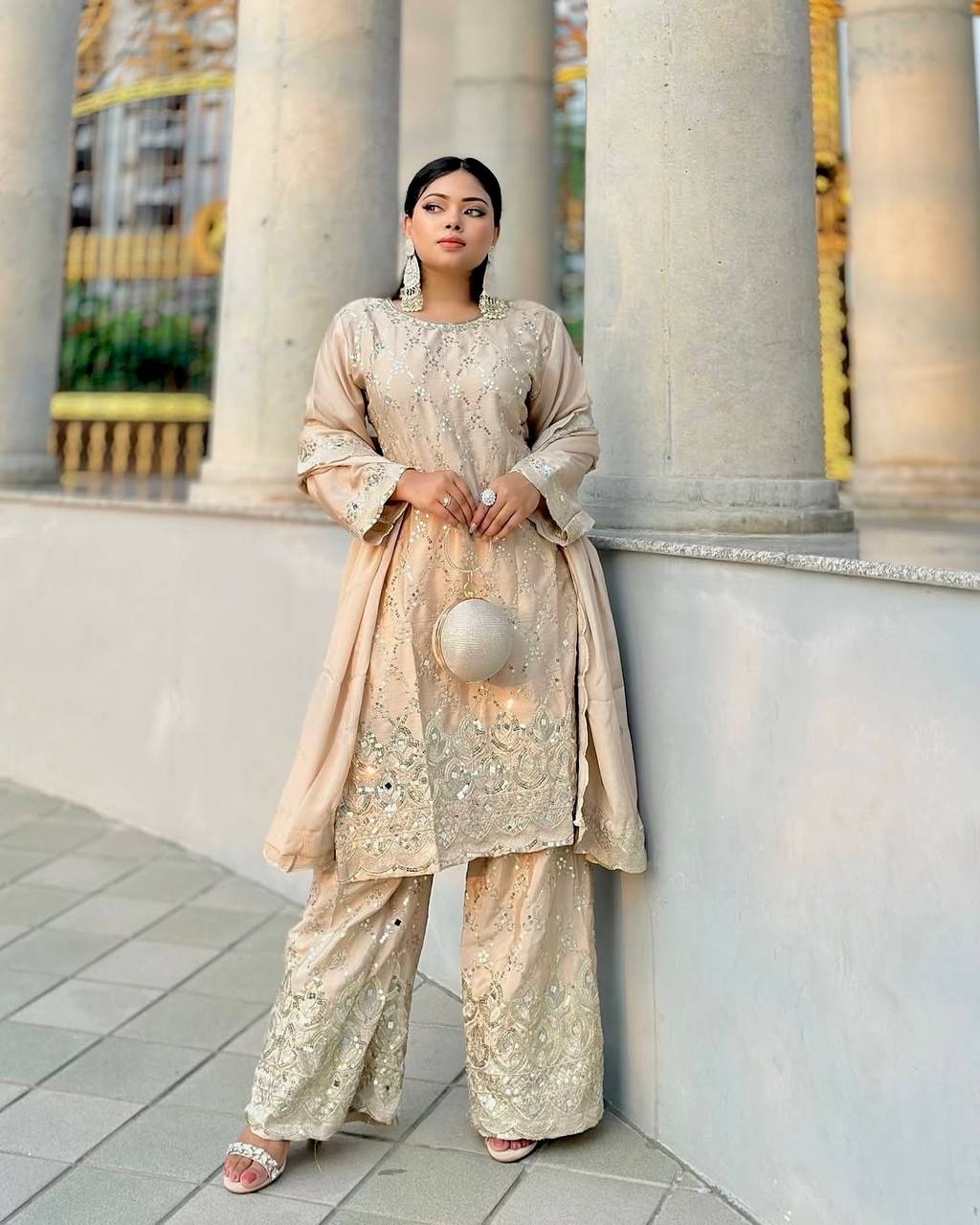 Party Wear Cream Color Chinon Silk With Embroidery Sequence Work Sharara Suit