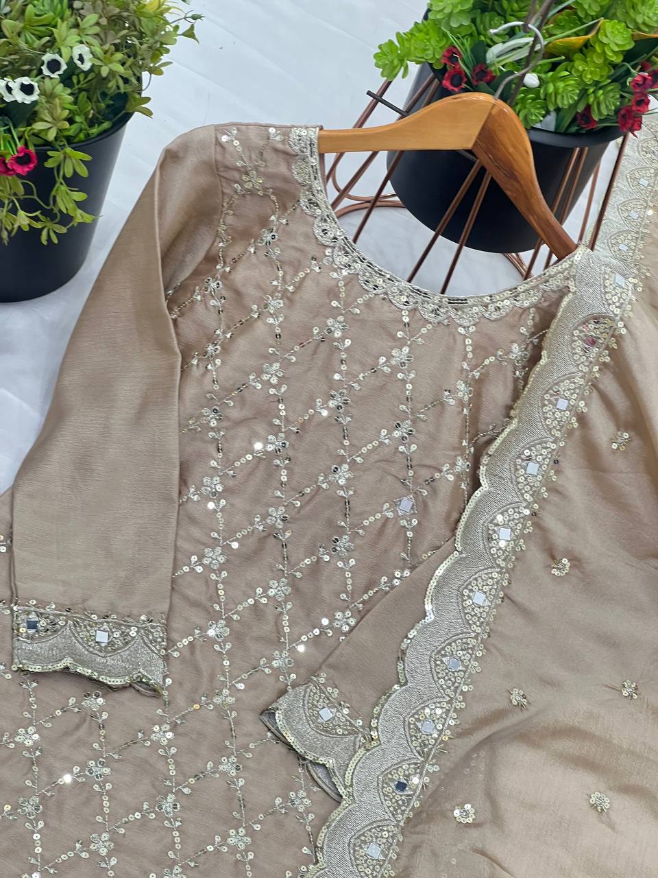 Party Wear Cream Color Chinon Silk With Embroidery Sequence Work Sharara Suit