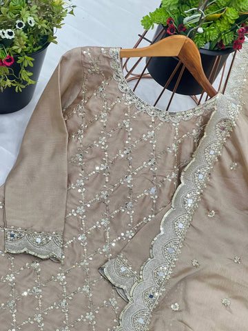 Party Wear Cream Color Chinon Silk With Embroidery Sequence Work Sharara Suit