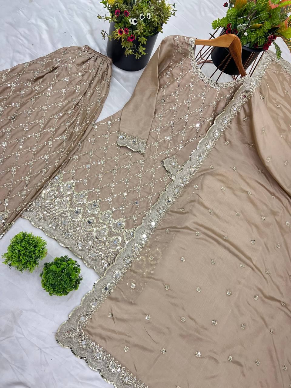 Party Wear Cream Color Chinon Silk With Embroidery Sequence Work Sharara Suit