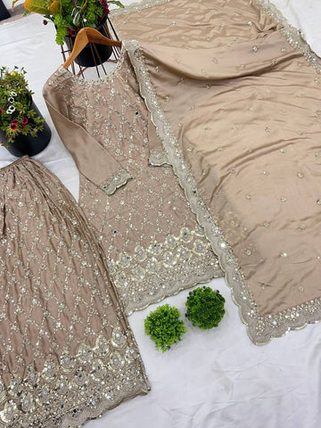 Party Wear Cream Color Chinon Silk With Embroidery Sequence Work Sharara Suit