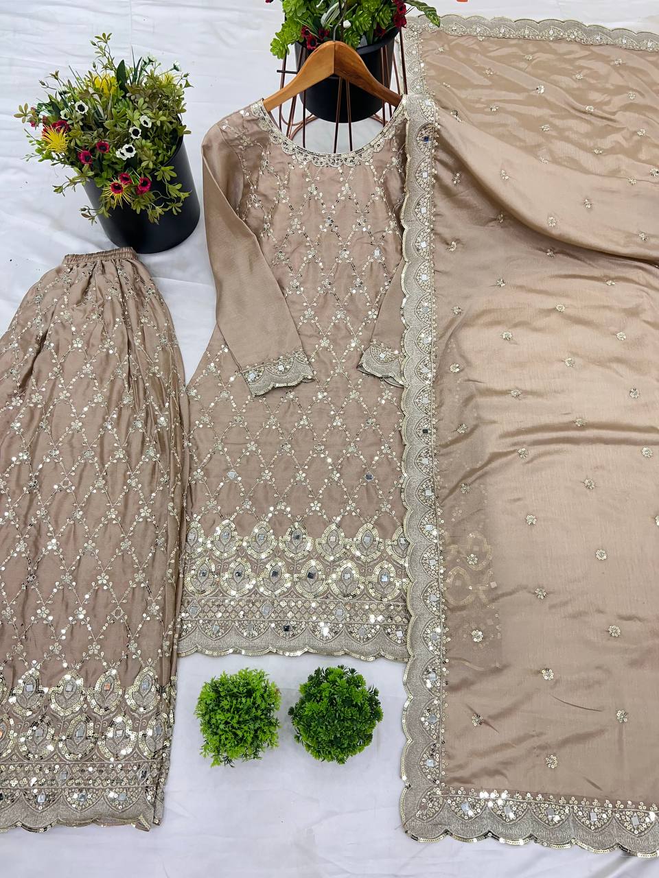 Party Wear Cream Color Chinon Silk With Embroidery Sequence Work Sharara Suit