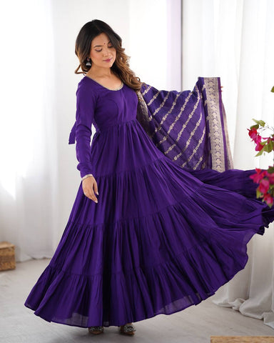 Imposing Blue Color Pure Roman Silk Chanderi Fabric Fully Flair Anarkali Gown