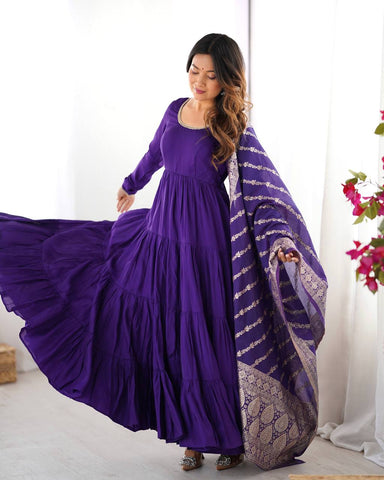 Imposing Blue Color Pure Roman Silk Chanderi Fabric Fully Flair Anarkali Gown