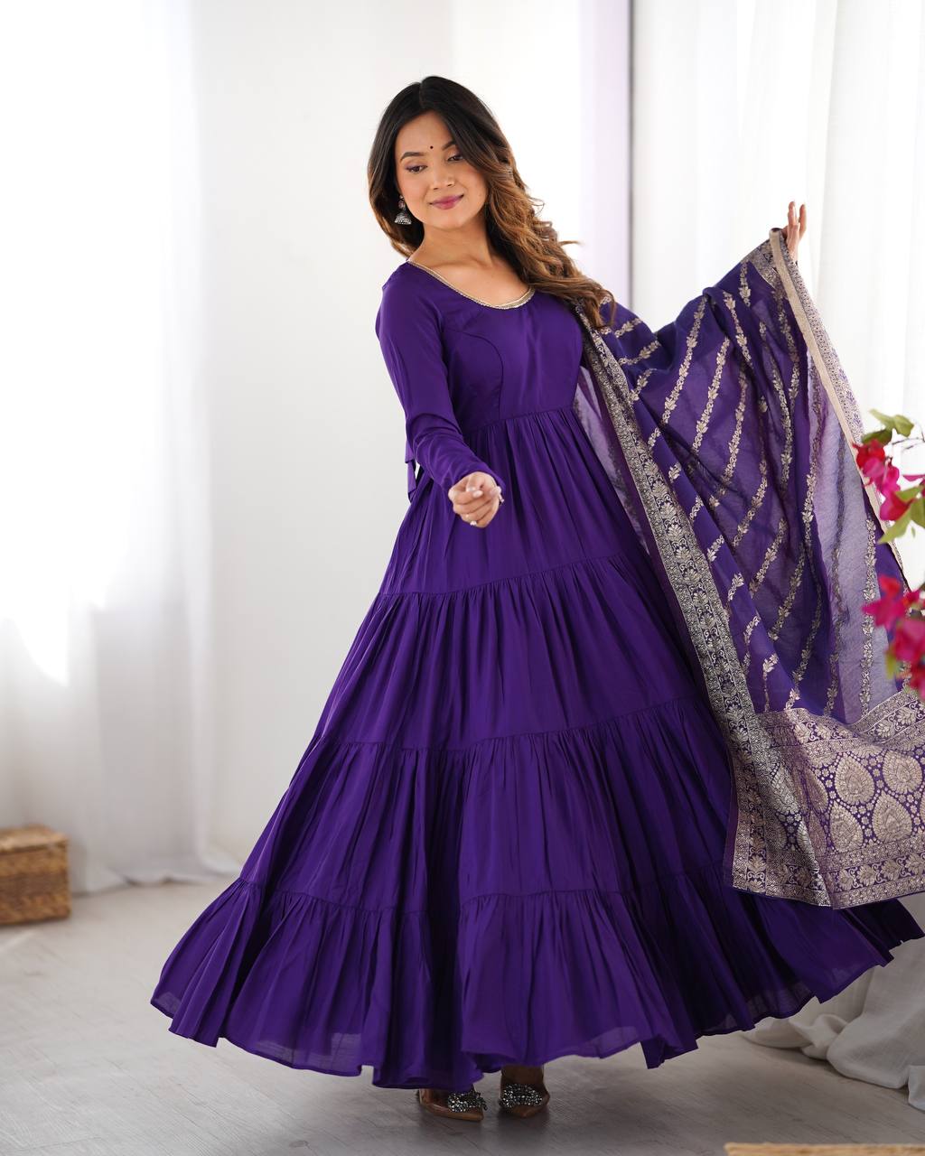 Imposing Blue Color Pure Roman Silk Chanderi Fabric Fully Flair Anarkali Gown