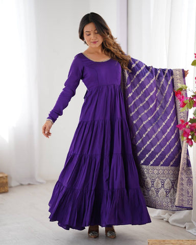 Imposing Blue Color Pure Roman Silk Chanderi Fabric Fully Flair Anarkali Gown
