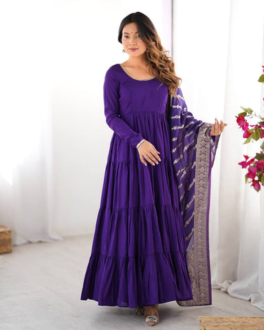 Imposing Blue Color Pure Roman Silk Chanderi Fabric Fully Flair Anarkali Gown