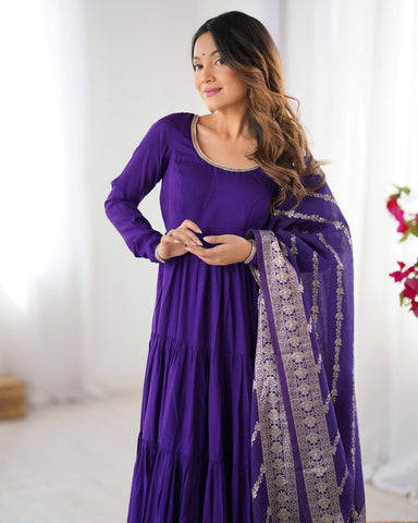Imposing Blue Color Pure Roman Silk Chanderi Fabric Fully Flair Anarkali Gown