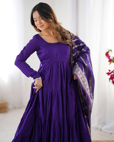 Imposing Blue Color Pure Roman Silk Chanderi Fabric Fully Flair Anarkali Gown