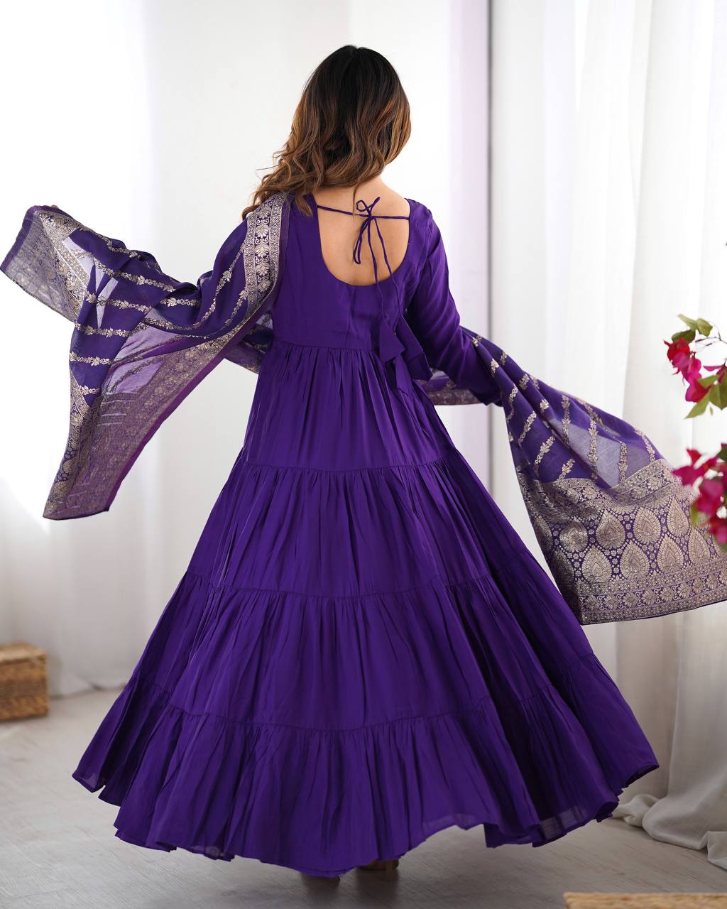 Imposing Blue Color Pure Roman Silk Chanderi Fabric Fully Flair Anarkali Gown