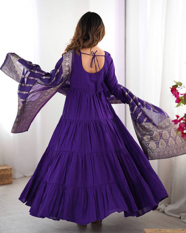 Imposing Blue Color Pure Roman Silk Chanderi Fabric Fully Flair Anarkali Gown