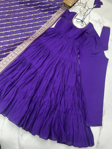 Imposing Blue Color Pure Roman Silk Chanderi Fabric Fully Flair Anarkali Gown