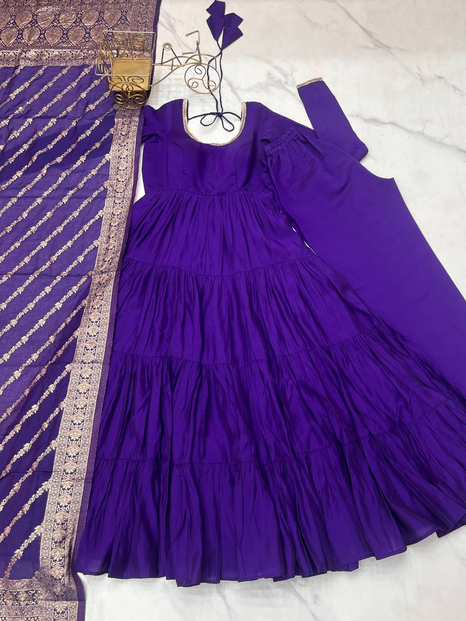 Imposing Blue Color Pure Roman Silk Chanderi Fabric Fully Flair Anarkali Gown