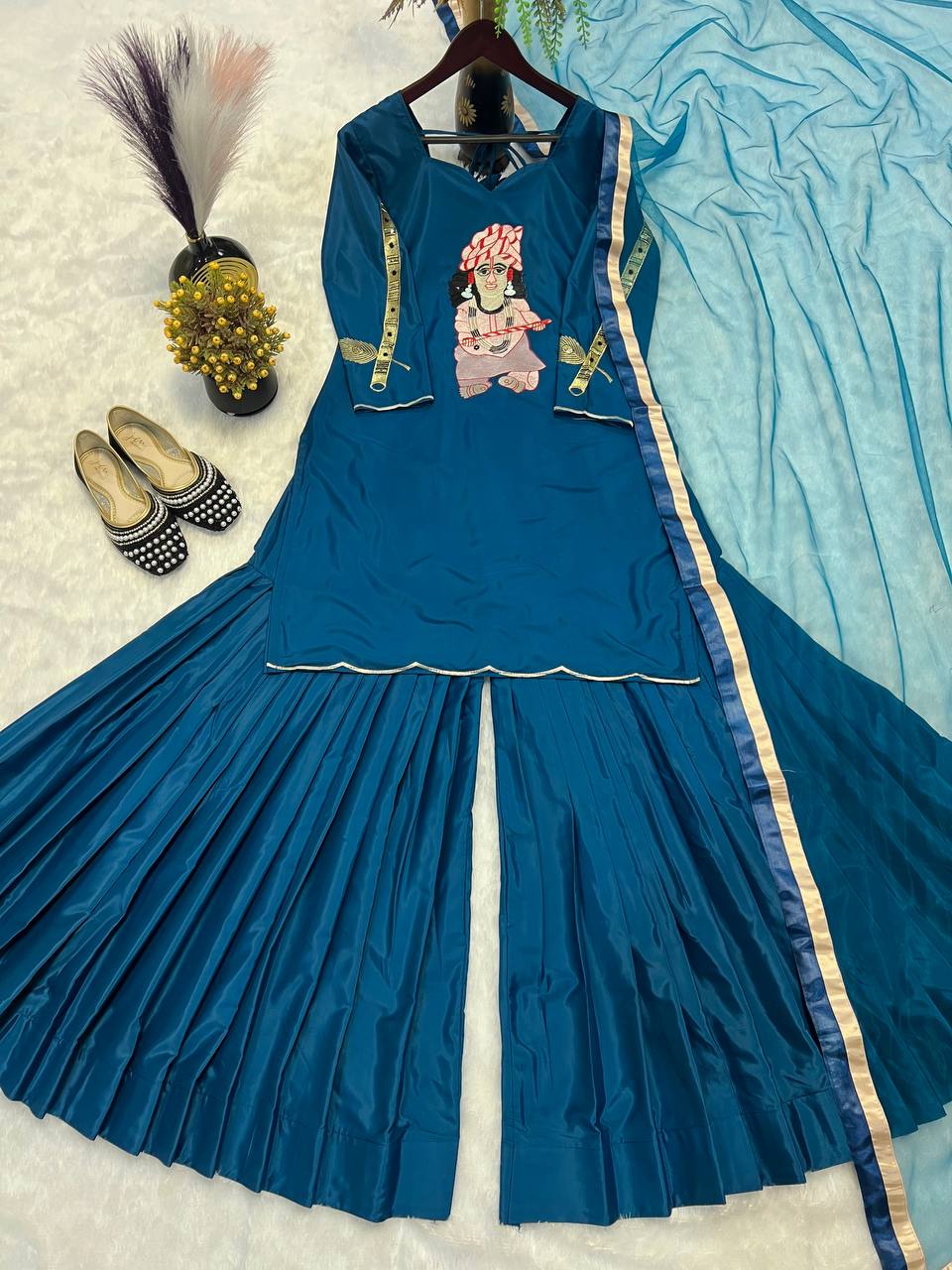 Party Wear Teal Blue Color Natural Crepe With Heavy Embroidery Work Palazzo Suit