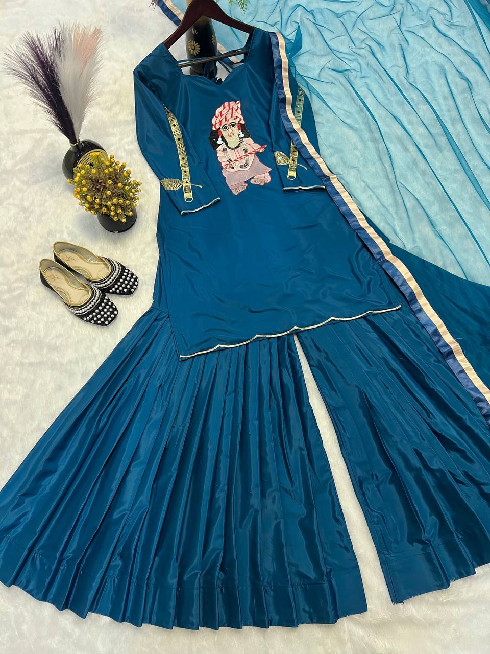 Party Wear Teal Blue Color Natural Crepe With Heavy Embroidery Work Palazzo Suit