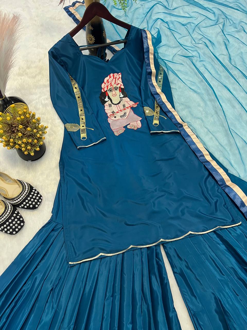 Party Wear Teal Blue Color Natural Crepe With Heavy Embroidery Work Palazzo Suit