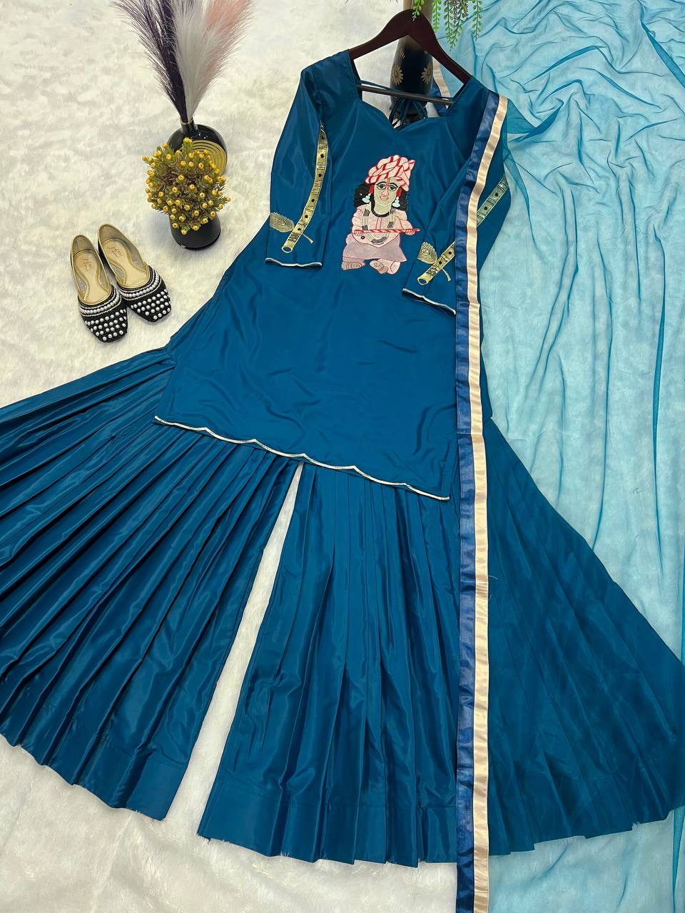 Party Wear Teal Blue Color Natural Crepe With Heavy Embroidery Work Palazzo Suit