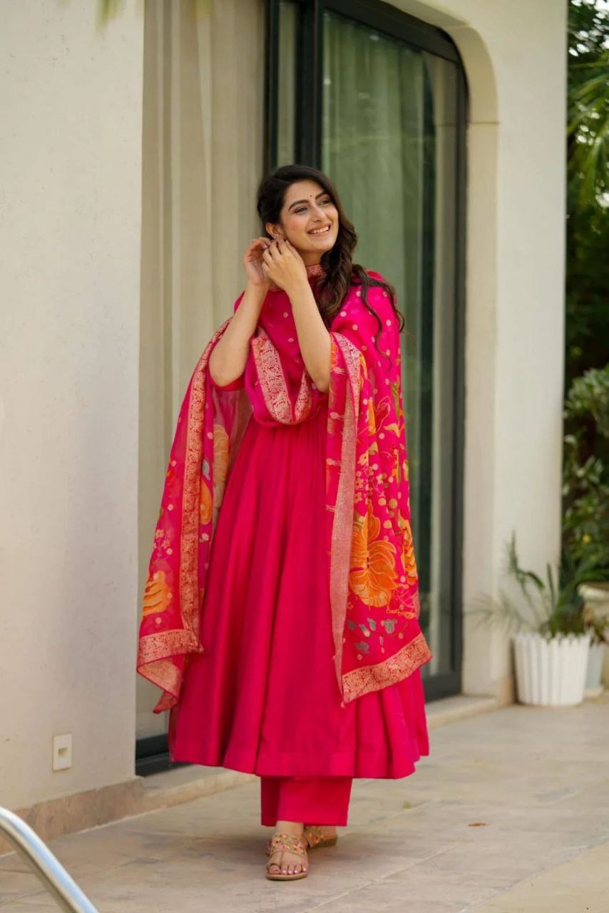 Wedding Wear Red Color Pure Chinon Anarkali Gown