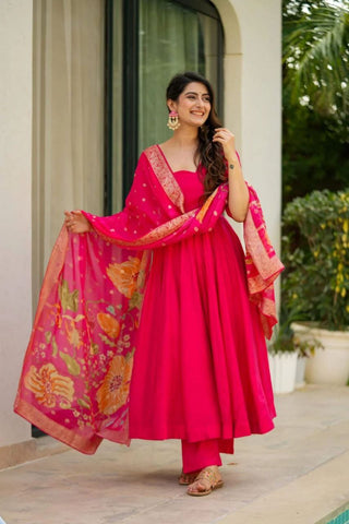 Wedding Wear Red Color Pure Chinon Anarkali Gown