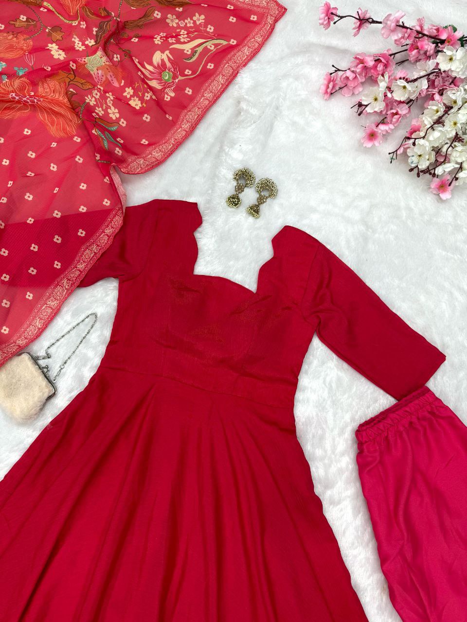 Wedding Wear Red Color Pure Chinon Anarkali Gown