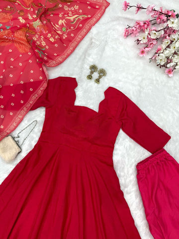 Wedding Wear Red Color Pure Chinon Anarkali Gown