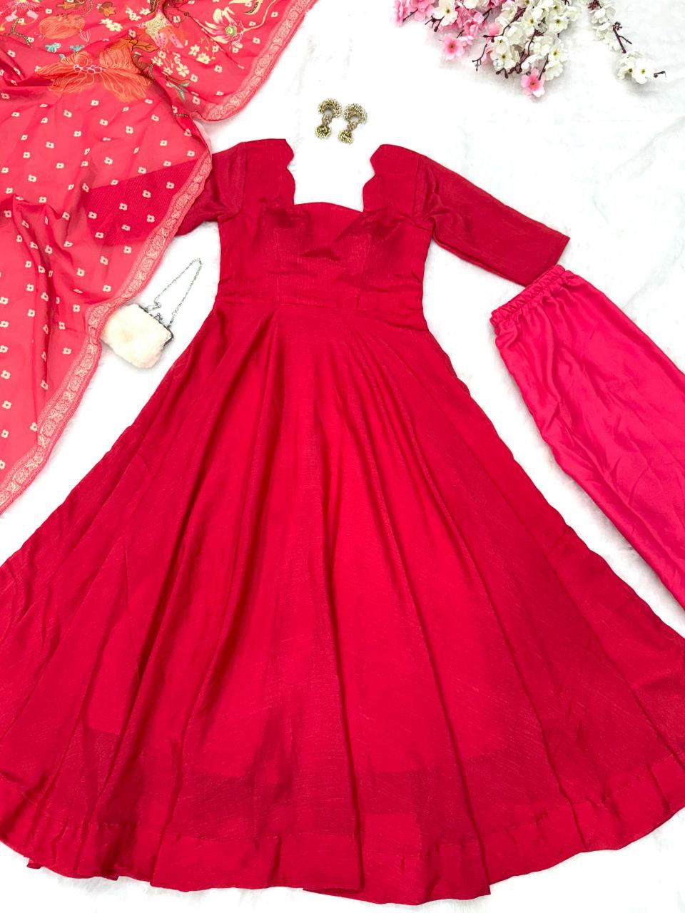 Wedding Wear Red Color Pure Chinon Anarkali Gown