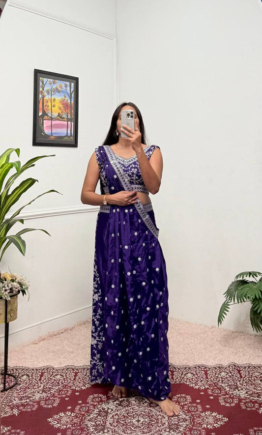 Wedding Wear Blue Color Chinon With Embroidery Work 3 Piece Indo-Western Set
