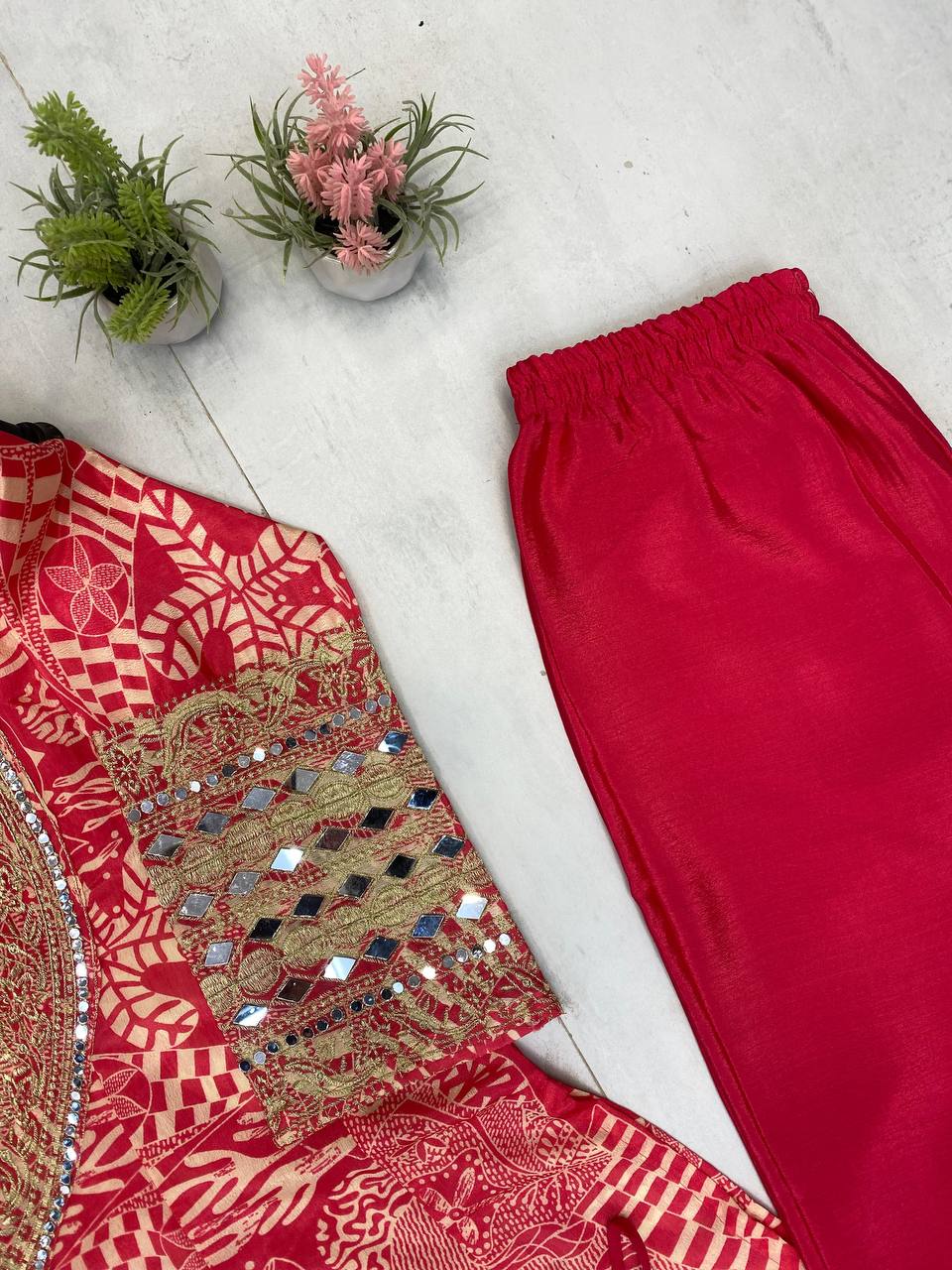 Presenting Red Color Printed Chinon With Embroidered And Real Mirror Work Salwar Suit
