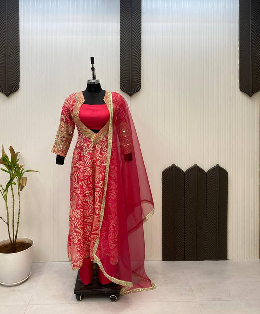 Presenting Red Color Printed Chinon With Embroidered And Real Mirror Work Salwar Suit