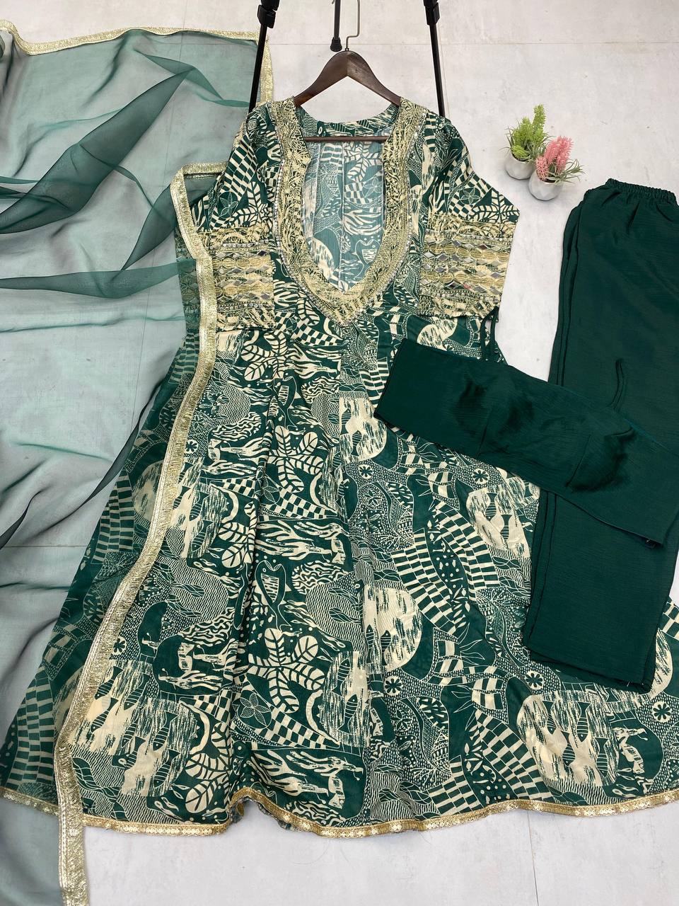 Graceful Green Color Printed Chinon With Embroidered And Real Mirror Work Salwar Suit