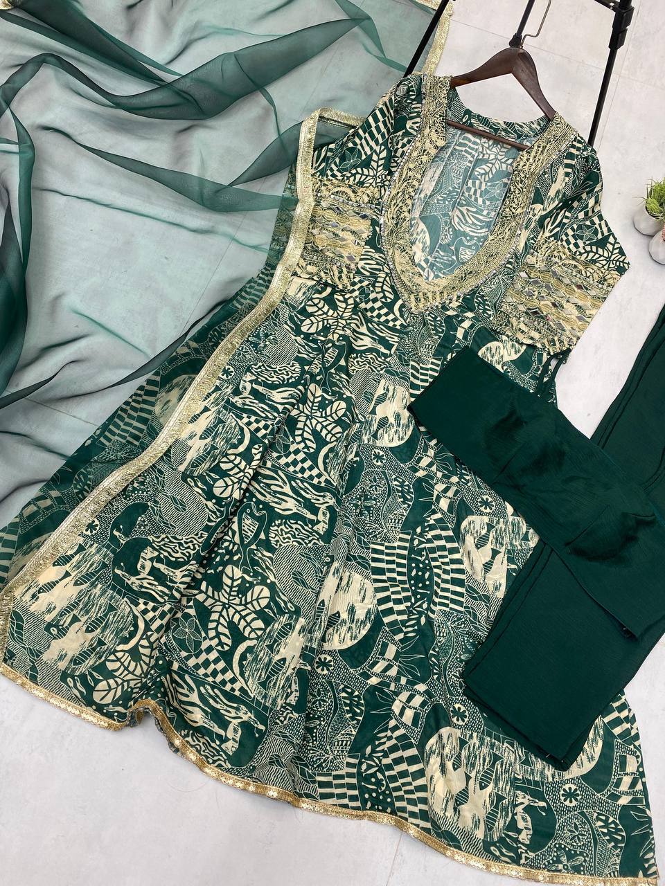 Graceful Green Color Printed Chinon With Embroidered And Real Mirror Work Salwar Suit