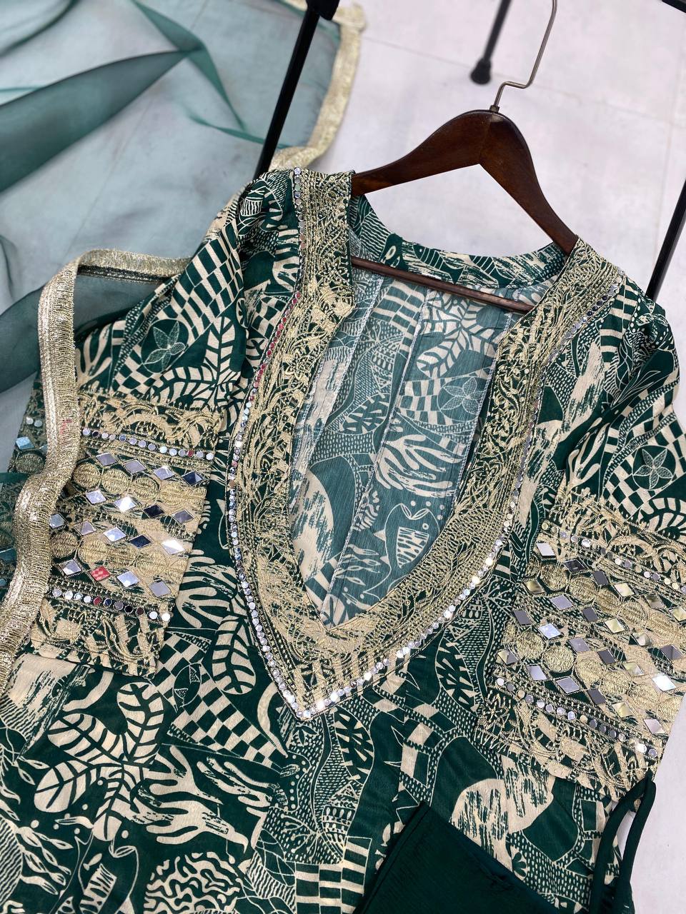 Graceful Green Color Printed Chinon With Embroidered And Real Mirror Work Salwar Suit