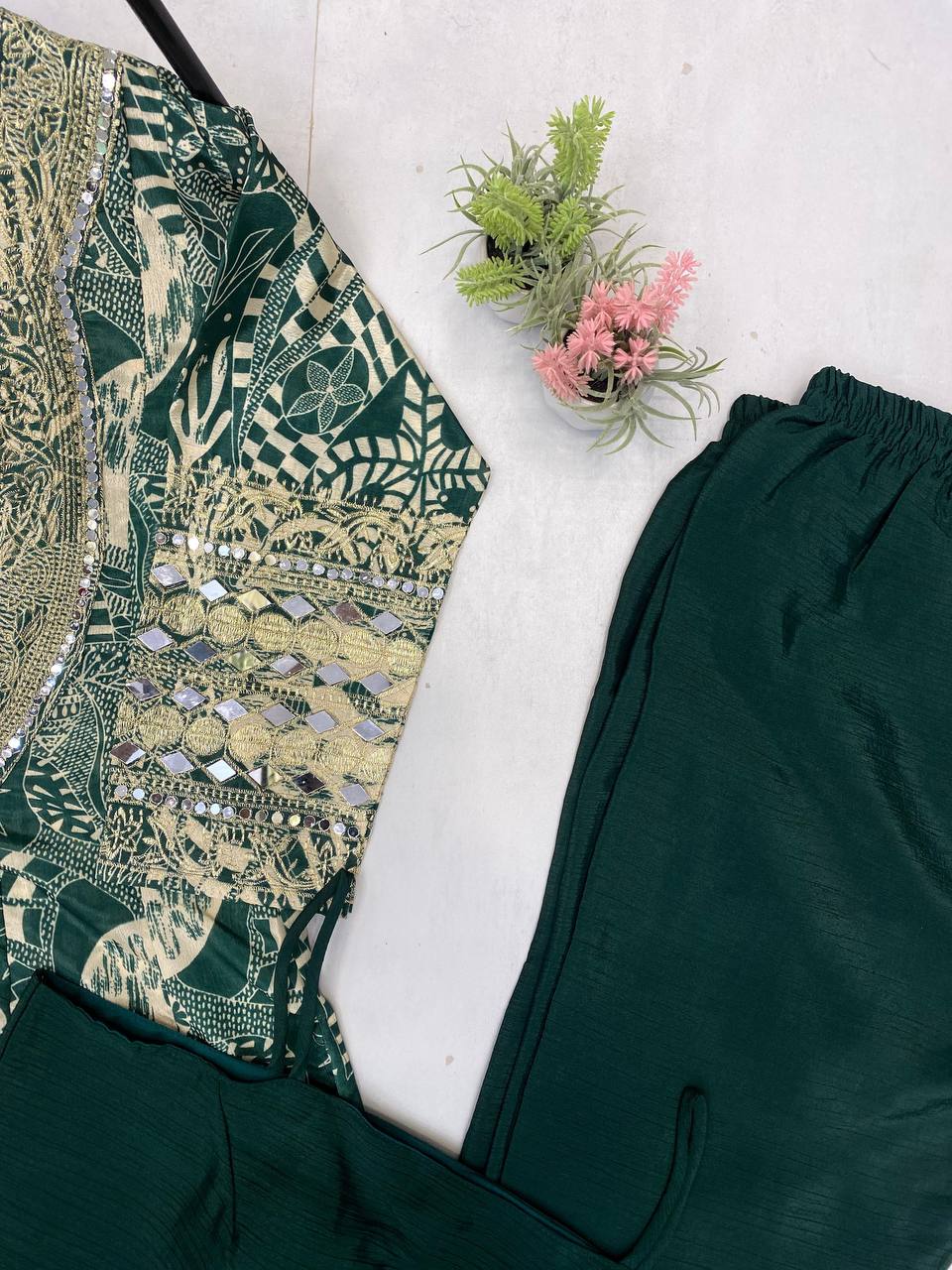 Graceful Green Color Printed Chinon With Embroidered And Real Mirror Work Salwar Suit