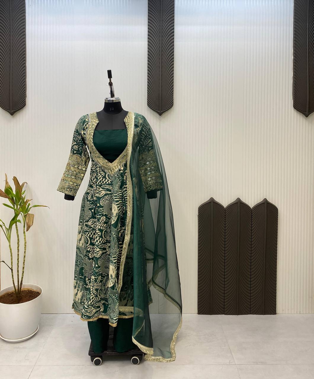 Graceful Green Color Printed Chinon With Embroidered And Real Mirror Work Salwar Suit