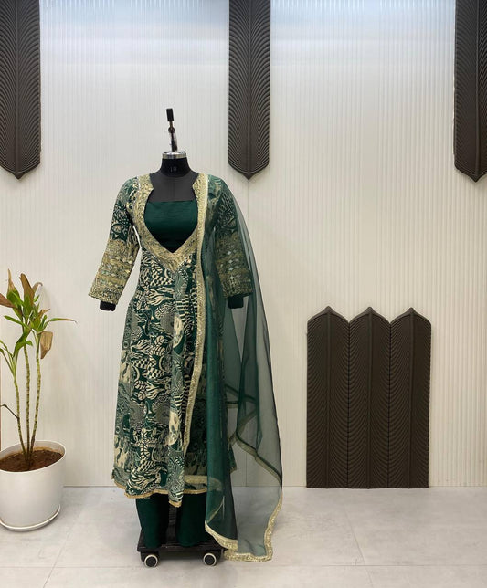 Graceful Green Color Printed Chinon With Embroidered And Real Mirror Work Salwar Suit