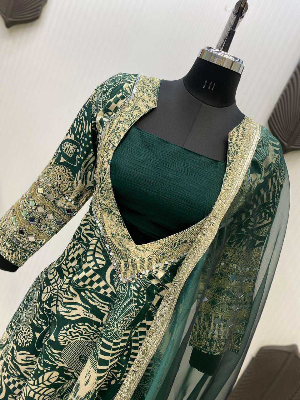 Graceful Green Color Printed Chinon With Embroidered And Real Mirror Work Salwar Suit