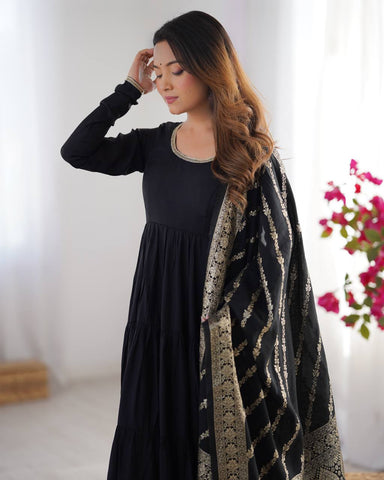 Imposing Black Color Pure Roman Silk Chanderi Fabric Fully Flair Anarkali Gown