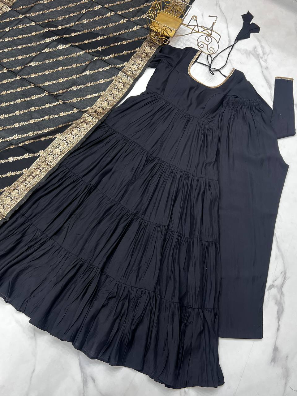 Imposing Black Color Pure Roman Silk Chanderi Fabric Fully Flair Anarkali Gown