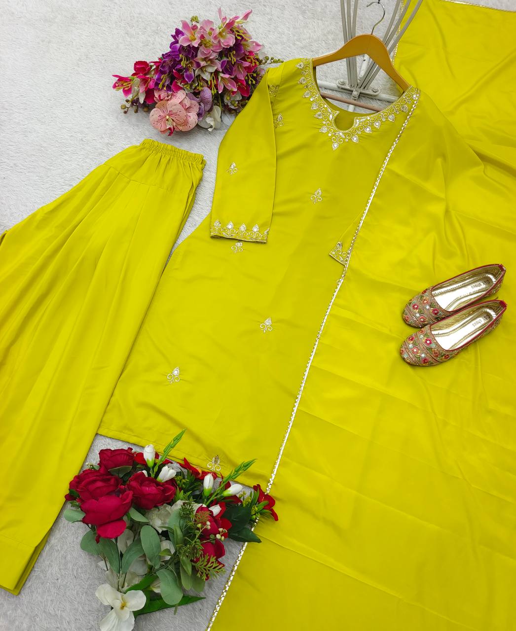 Beautiful Haldi Wear Yellow Color Pure Natural Satin Silk With Heavy Embroidery Sequence Work Palazzo Suit