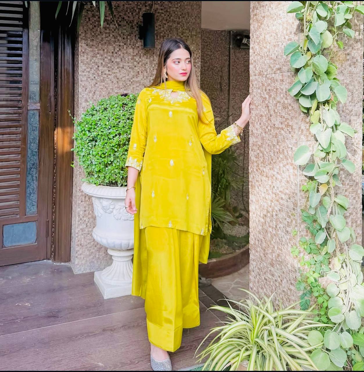 Beautiful Haldi Wear Yellow Color Pure Natural Satin Silk With Heavy Embroidery Sequence Work Palazzo Suit