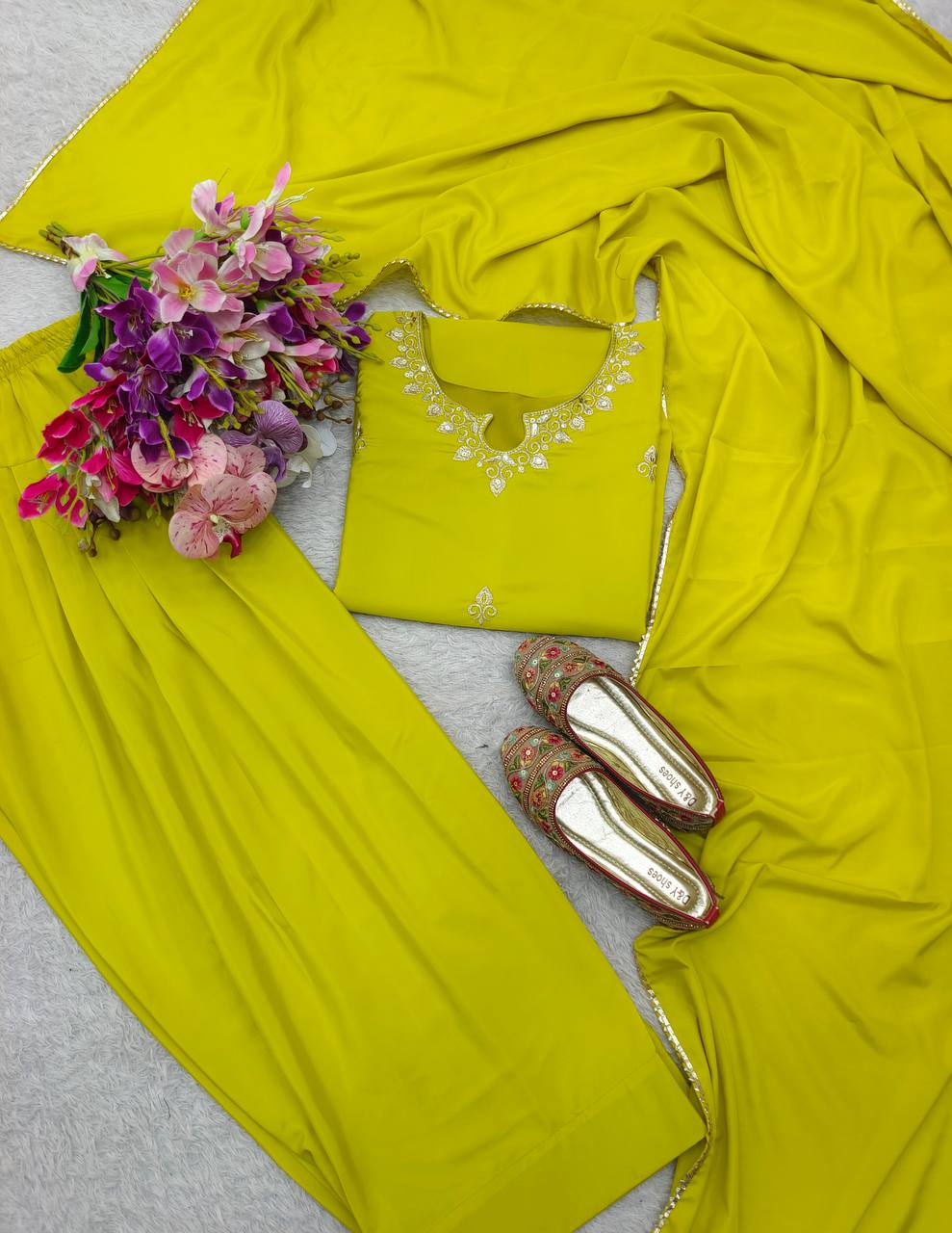 Beautiful Haldi Wear Yellow Color Pure Natural Satin Silk With Heavy Embroidery Sequence Work Palazzo Suit
